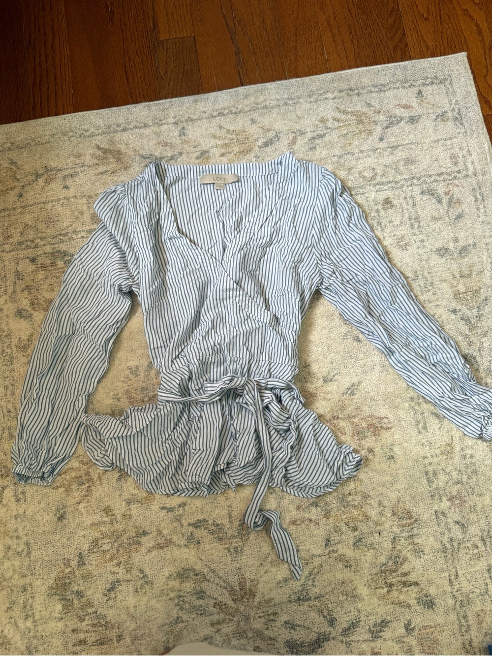 LOFT Navy and White Striped Button-Up Shirt